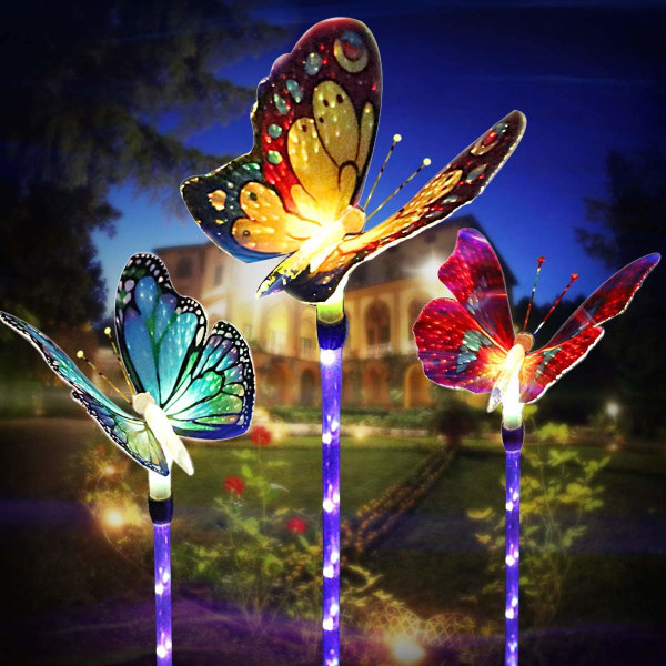 Utomhussolar trädgårdslampor, 3 stycken multiväxlande LED-fjärilssollampor, solarljus för trädgård, däck, gård, dekorativ uppfart