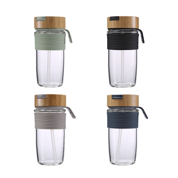 Silikonhylsa enkellager glas bambu cover dubbel drickskopp bil portabelt flip lock halmkopp Black