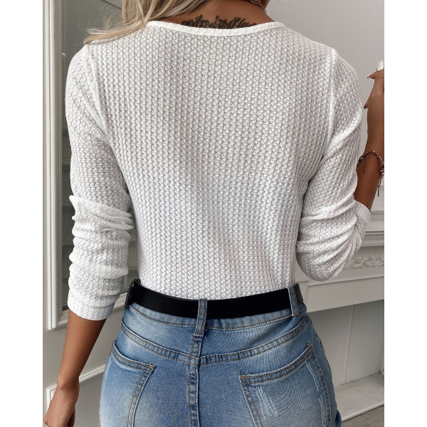 Langærmet V-udskåret tunika til kvinder, der kan bæres med leggings, løs pasform, vaffelstrikkede trøjer blue L