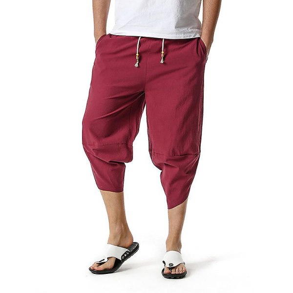 Män 3/4 Linne Shorts Byxor Sommar Casual Capri Loose Byxor Wine Red XL