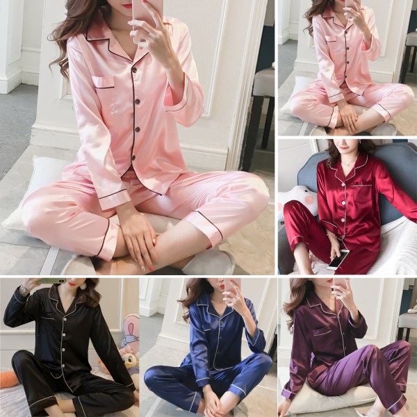 Långärmade toppbyxor för kvinnor Nattkläder Set Red XL