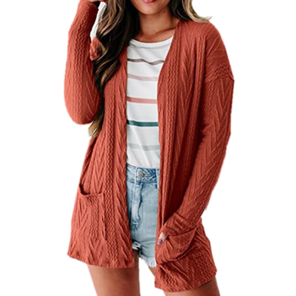Dame Cardigan i ensfarvet med åben front Caramel XL