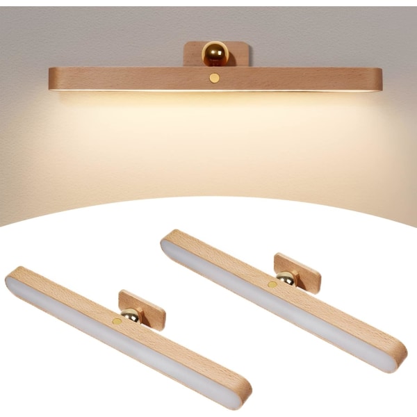 2 st 360° roterbara magnetiska LED-vägglampor i trä med steglös avbländande pekkontroll för sovrum, vardagsrum och hall