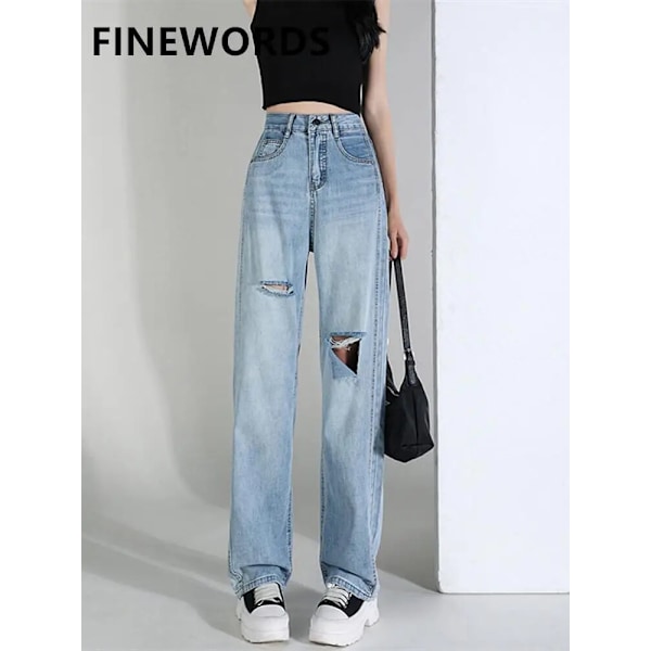FINORD Muoti Vintage Pesty Rento Streetwear Repaleiset farkut Iso reikä Korkea vyötärö farkut Naiset Streetwear Korealaiset löysät farkut Blue XS