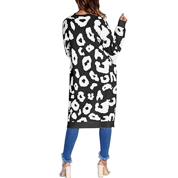 Dame flaggermusermet Åpen Front Leopard Strikket Maxi Cardigan Genser Black L