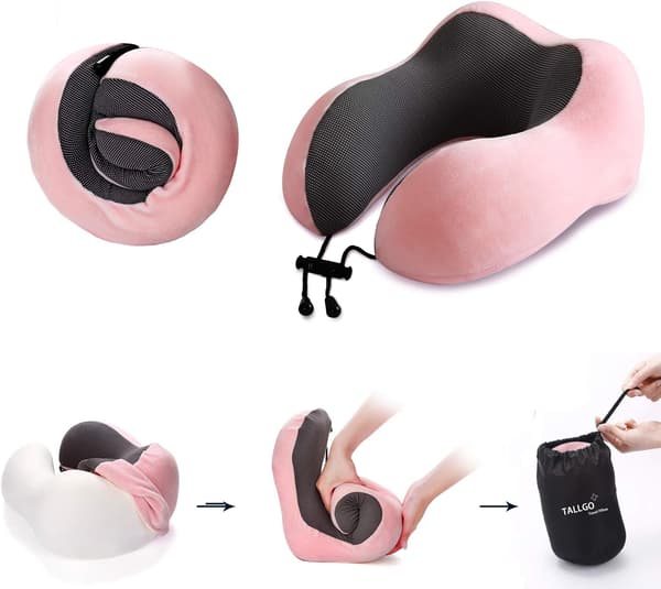 Resekudde i memory foam för nack- och huvudstöd (rosa)