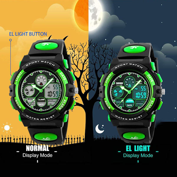 Digital watch för barn, vattentät watch för pojkar och flickor, elektronisk analog watch med larmstoppur (grön)