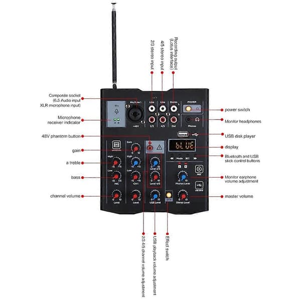 5-kanals lydmikser med UHF trådløs mikrofon Studio lydmikser Bluetooth REC DJ-konsollmiksing for karaoke