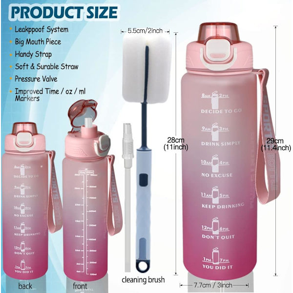 Vesipullo, 1 litran urheiluvesipullo pillillä, aikamerkinnällä ja suojuksella, tiivis, BPA-vapaa tritan, myrkytön muovinen juomapullo Rose Pink