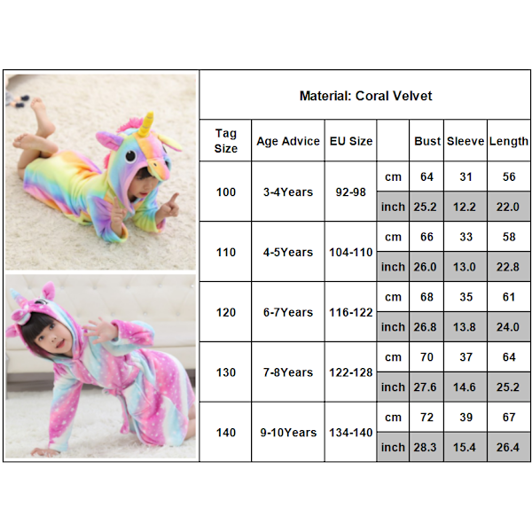 Barnbadrock Djur Unicorn Pyjamas Nattkläder- rainbow 7-8Years