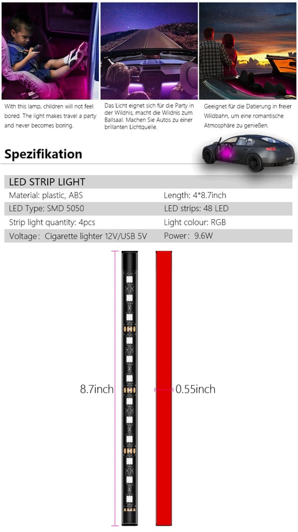 LED Stripe LED indvendig belysning til bil, 4 LED-striber