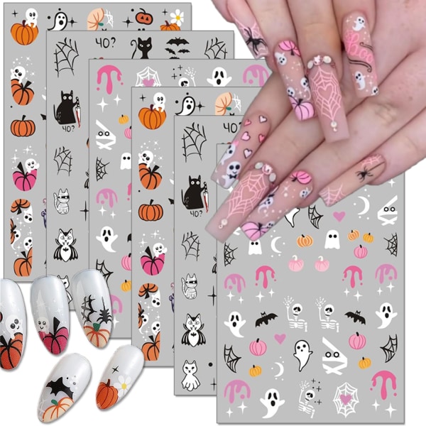 6Sheets Halloween Nail Art Stickers 3D självhäftande söt spöknagel