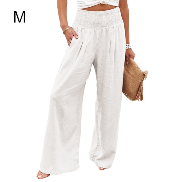 Kvinnliga sommarbyxor Fickor Lösa Casual Wide Leg Lounge White M