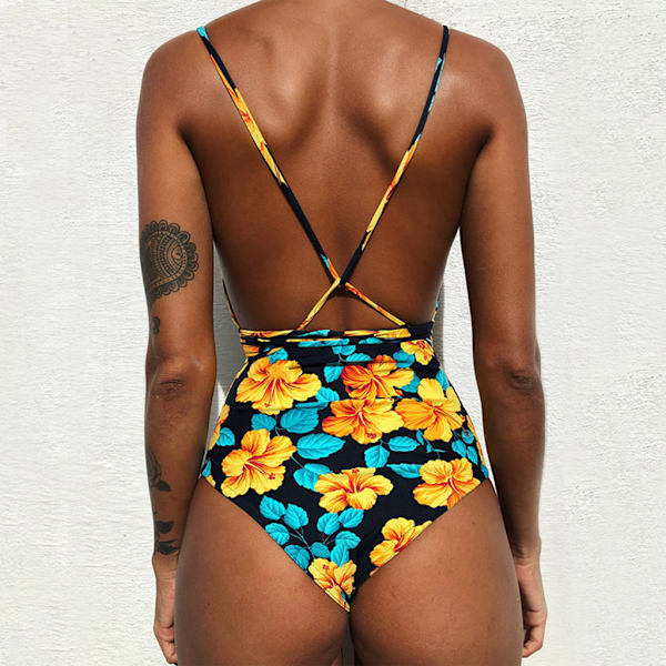 Kvinder V-hals Udskåret Bikini Multi-Way Bandage Monokini Boho Blomster Badedragt 1 L