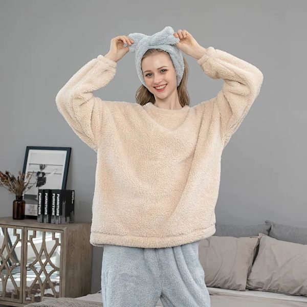 Pyjamas för kvinnor Set med 2 Pyjamas Långa toppar Byxor Fleece Casual Set Bekväm varm Coral Fleece Pyjamas Fleece Vinter Pyjamas, M, Vit Blå