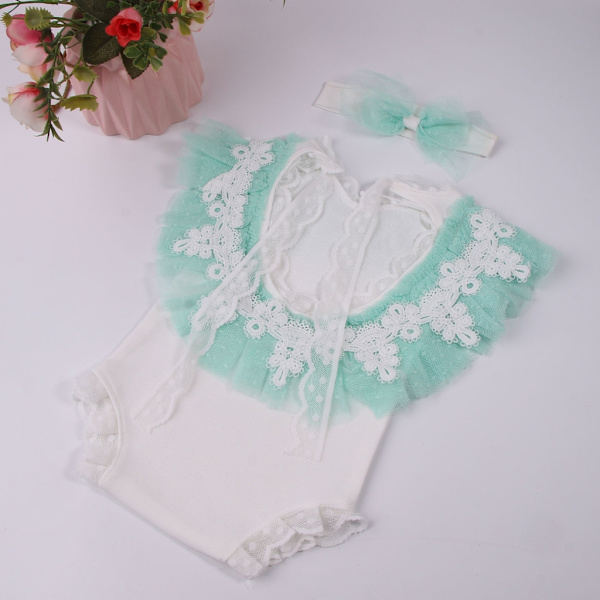 Nyfødt fotorekvisit Bowknot Pandebånd & Blonde Jumpsuit Baby Tøj Hovedbeklædning Ærmeløs Romper til nyfødte