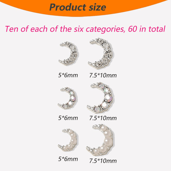 Nail art Pearl Moon Legering Diamant Nagelborr Strasskristaller Nail art 60 st för DIY Nail Art Manikyr Smyckenstillverkning silvery