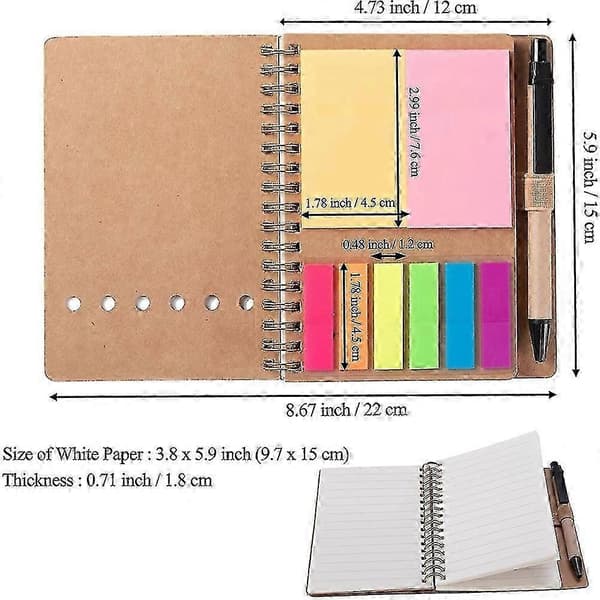 3 pakker spiralnotesblokke, steno-blokke med linjeret notesblok med pen i holder, sticky notes, sidemarkørfarve
