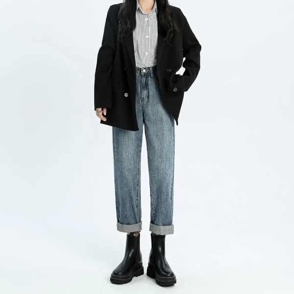 FINORD Korkea vyötärö Rento Beige Baggy Farkut Naiset Korealaiset syysfarkut Streetwear Harajuku Vintage Talvi Suorat farkut SkyBlue L