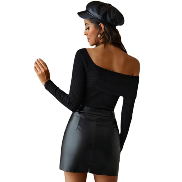 Winter Leather Bodycon Irregular Mini Skirt High Waist Dress Black/ L