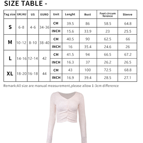 Seksikkäät tekstuuripintaiset Crop Topit Pitkähihaiset Rypytetyt Slim Fit T-paidat M