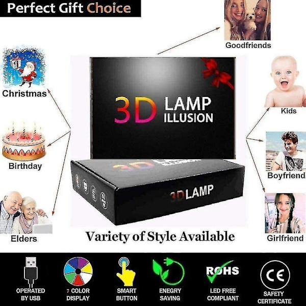 3D Illusionslampe 7 Farver Optisk Ændring Touch Lys USB og Fjernbetjening Art Deco Skab En Romantisk Stemning