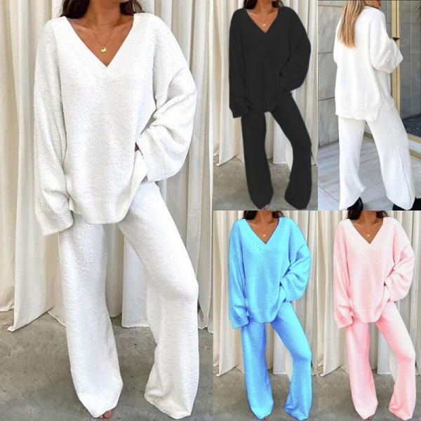 Tvådelad klädsel med bred ben för damer Polar Fleece V-hals Lounge Set Light Grey XL