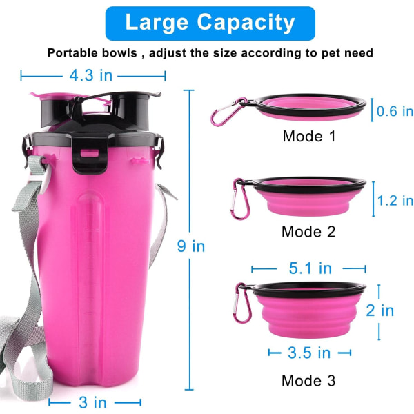 Hundvattenflaska med 2 hopfällbara skålar Bärbar 2 i 1 reseflaska (rosa)