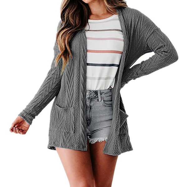 Dame Cardigan i ensfarvet med åben front Grey S