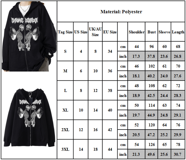 Dam Skelett Zip Up Hoodies Rhinestone Oversized Sweatshirt 2XL