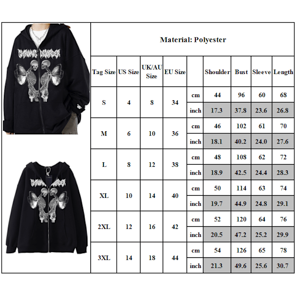 Dame Skjelett Zip Up Hettegensere Rhinestone Oversized Genser L