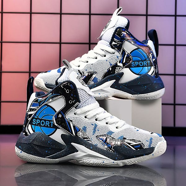 Barn Basketskor Andas Sneakers Pojkar Flickor Sportskor Yj8768 WhiteBlue 34