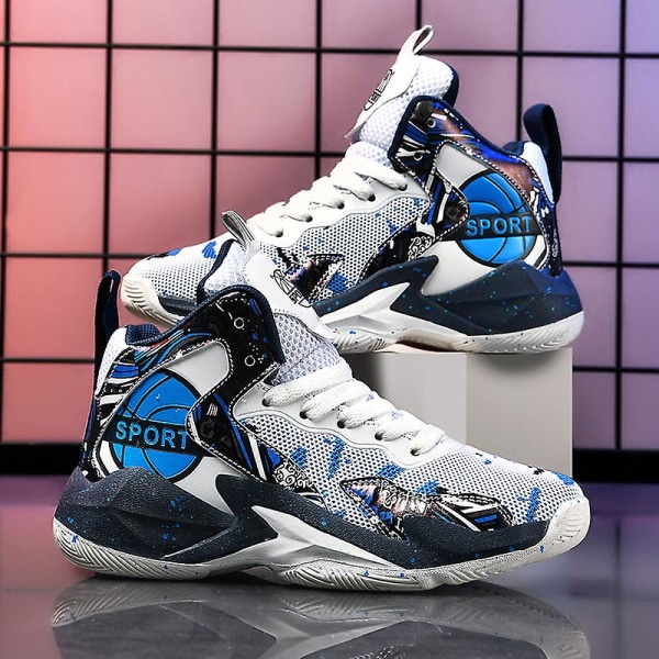 Børne Basketballsko Åndbare Sneakers Drenge Piger Sportssko Yj8768 WhiteBlue 34