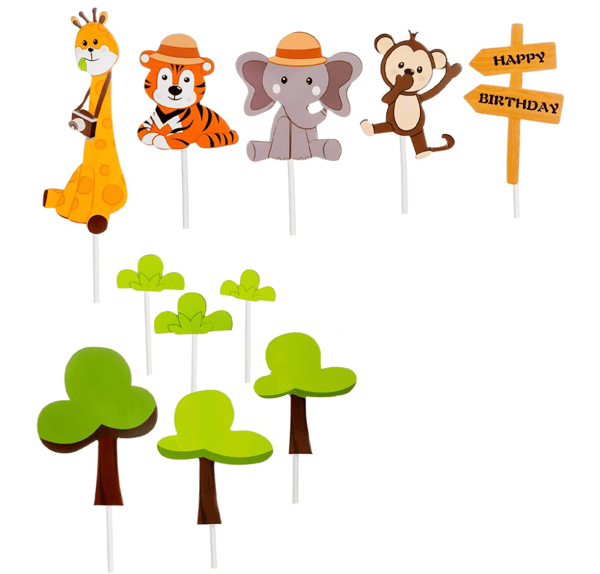 11 stk. Skovdyr Jungle Kagepynt Zoo Løve Cupcake Pynt