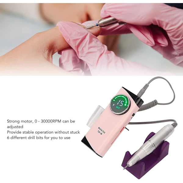 Bärbar spikborr, 30000 rpm höghastighets akryl spikborrmaskin USB uppladdningsbar elektrisk e-fil scamander, med 6 borrar Acryl Gel Grinder Tool