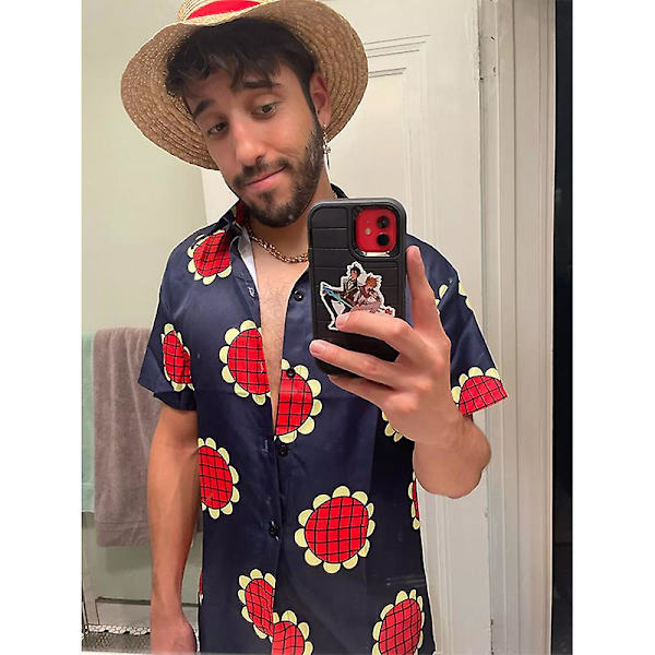 Unisex Anime uffy One Piece Hawaiiansk skjorta för vuxna Solros Svart Aloha One Piece Monkey D Cosplay L