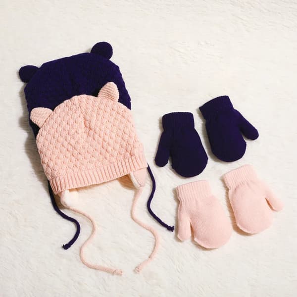 Set med 2 stickade mössor BABY mössa öron fleece vinterhandskar