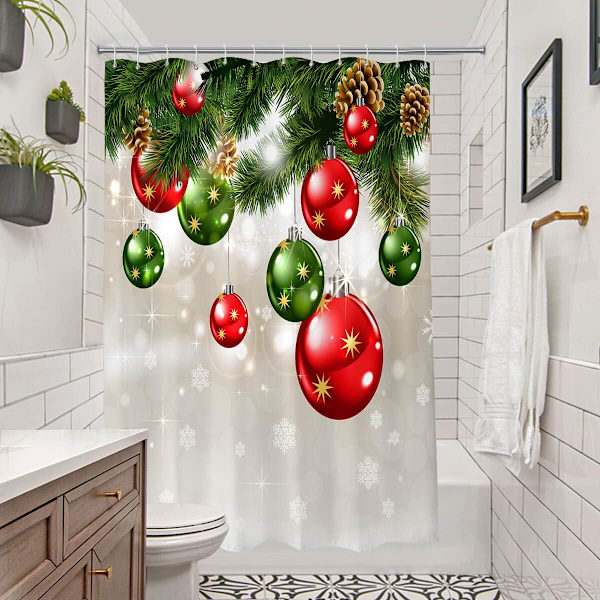 Grön jul duschdraperi Set, Merry Xmas Baubles on Pine Tr
