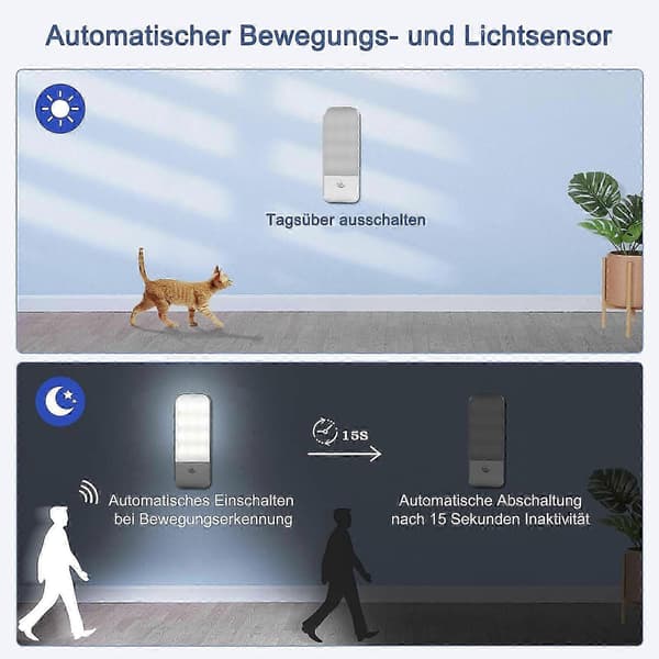 Smarte 12-LED bevegelsessensor skaplys, kjølig hvit, USB oppladbar, 2-pakning