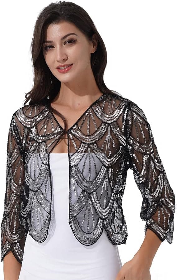 Lille paillet shawl til kvinder - Sort, Vintage Bolero Bryllup Aften