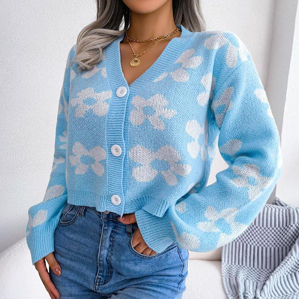 Dam V-ringad cardigans tröja ångärmad stickade tröjor Blue L