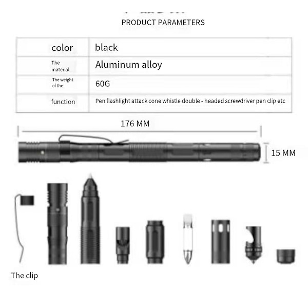 Multifunktionell Tactical Pen Ficklampa med lätt självförsvar bruten fönsterkon utomhus överlevnad