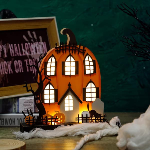 Halloween bordsfigurer, 9" x 8" Upplyst pumpahusdekor