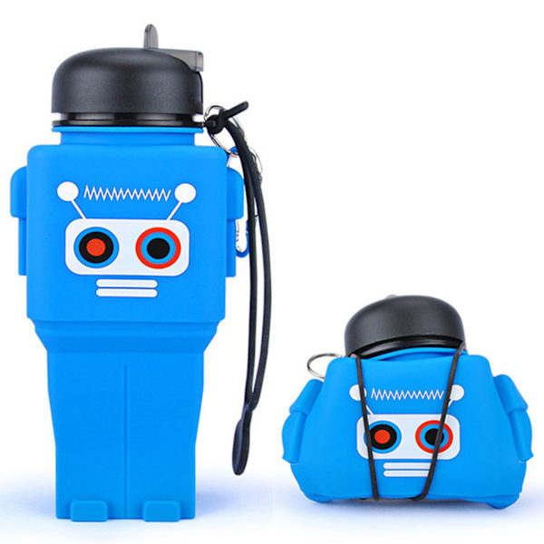 Robotformet silikonvannkopp Bærbar lettrengjørende vannkopp Ikke-skadelig silikonflaske Blue Robot