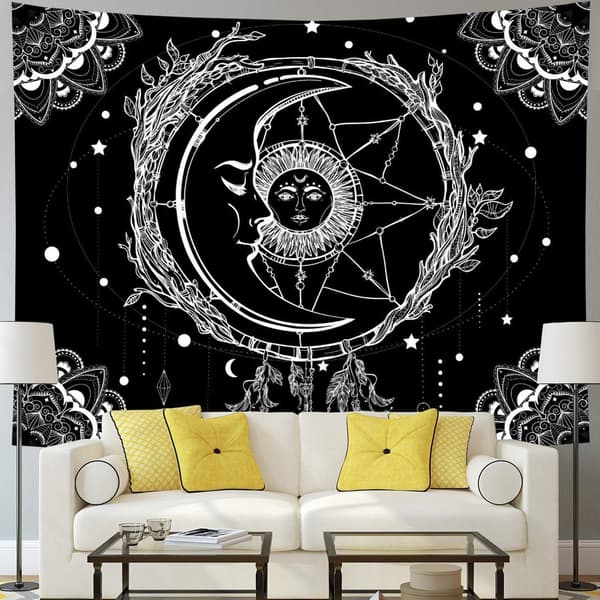 Sol og Måne Tapet Tarot Gobelin Sort og hvid himmelsk