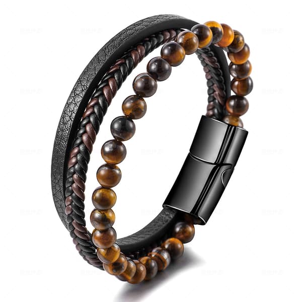 Håndleddsbånd for menn, (Gul Tigerøye Stein) Lær armbånd for menn