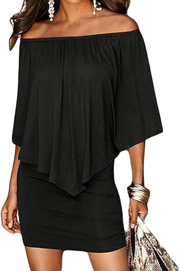 Sommar Cold Shoulder Off Ruffles Bodycon Miniklänning för Kvinnor, XL