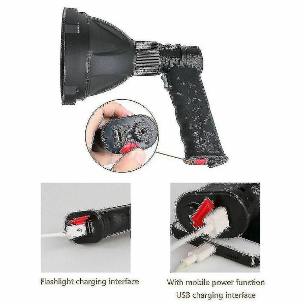 LED håndholdt spotlight USB oppladbar camping jakt lommelykt lykt