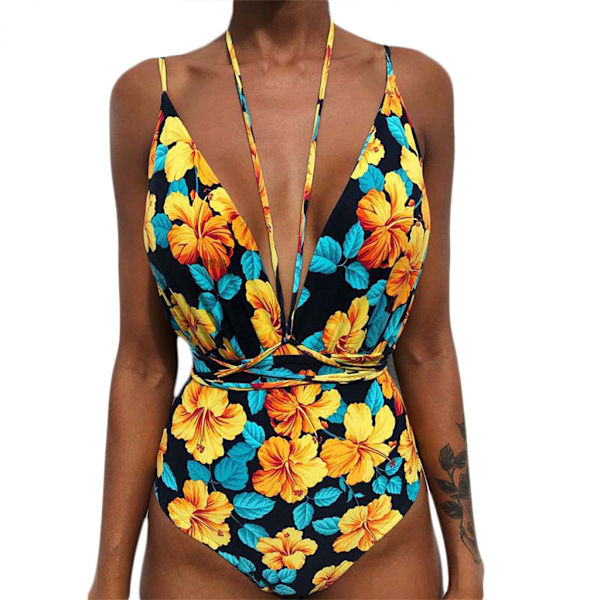Kvinder V-hals Udskåret Bikini Multi-Way Bandage Monokini Boho Blomster Badedragt 5 S