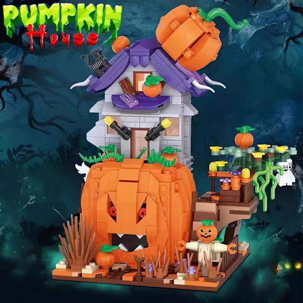 Pumpkin House Building Blocks Set, DIY Construction Model Kit med två figurer, lämplig för pojkar och flickor som Halloween (762 st)